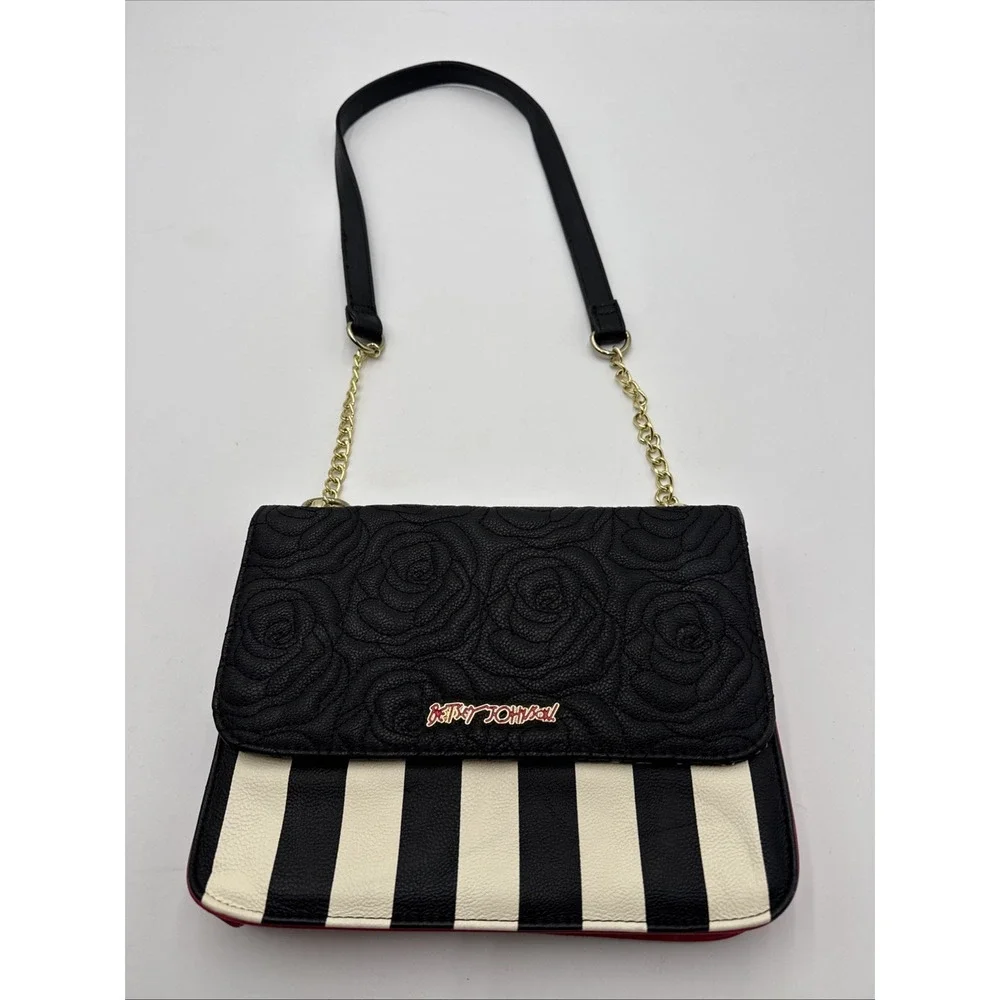 Betsey Johnson Black White Stripe Crossbody Bag Red Gold Chain Black Strap Roses